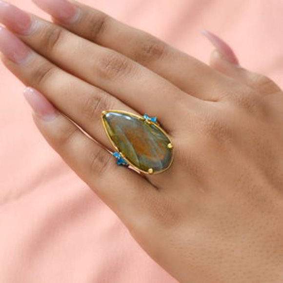 Madagascar Fire Labradorite and Multi Gemstone Ring in Vermeil Yellow Gold and P - Picture 3 of 6